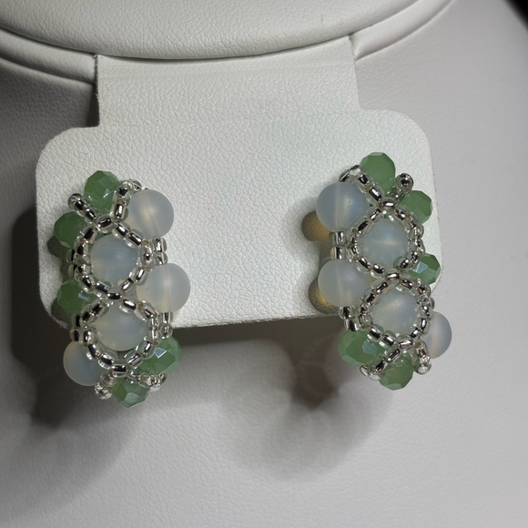 Hand crafted post earrings two tone frosted white and green beads and seed beads - Picture 3 of 9